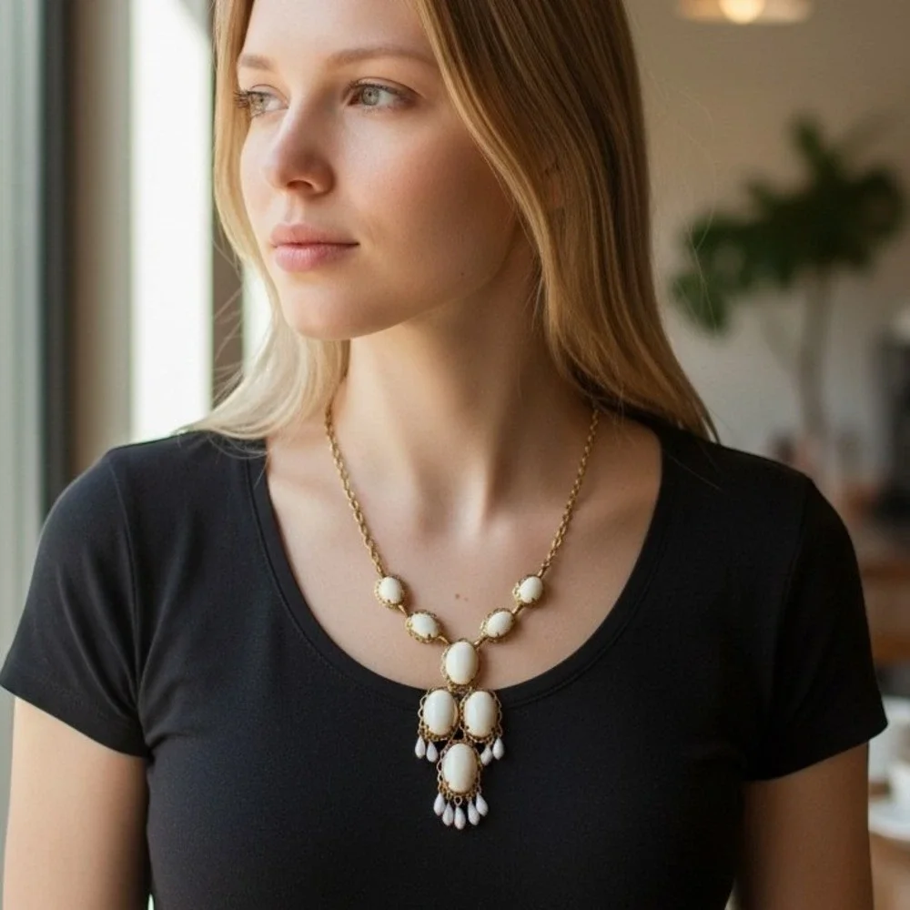 Vintage 1960s White Cabochon Statement Necklace Gold Tone Retro Boho Festival